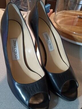 Jimmy Choo Black Leather Open-Toe Pumps